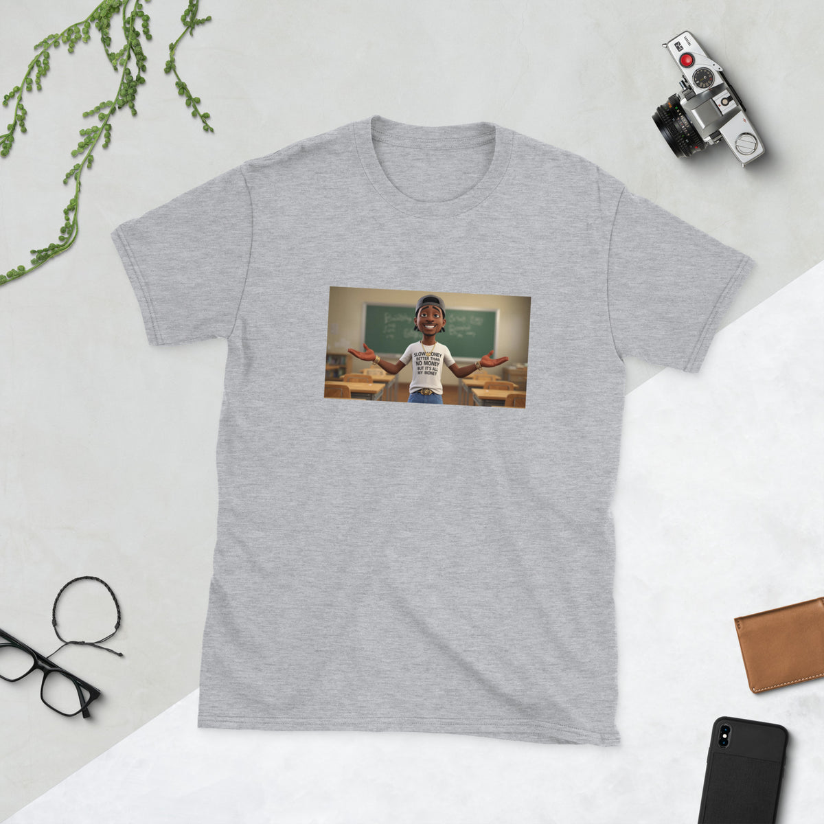 Heather gray graphic T-shirt with centered photo print on the front