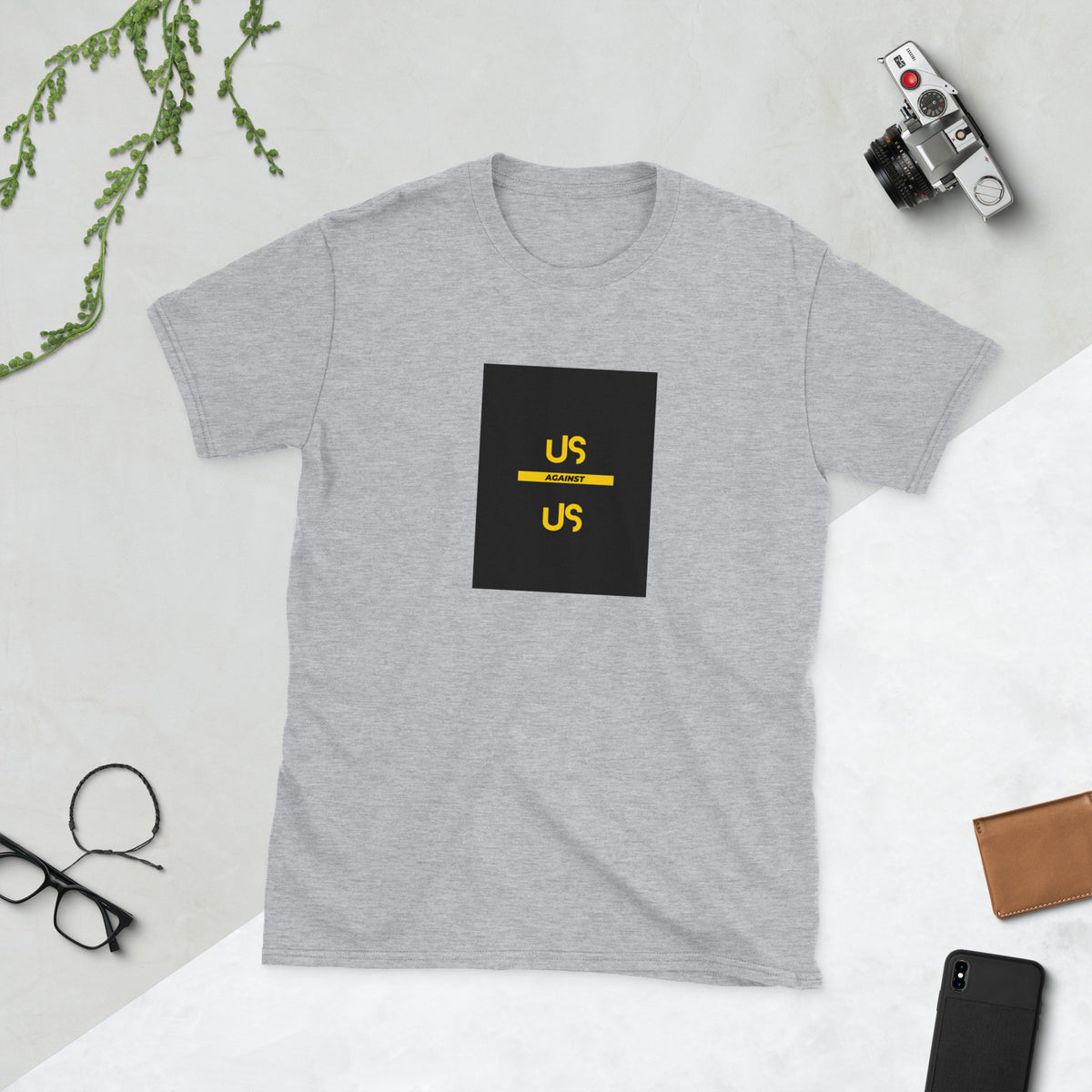 Heather gray graphic tee with black square logo and yellow accents, front view