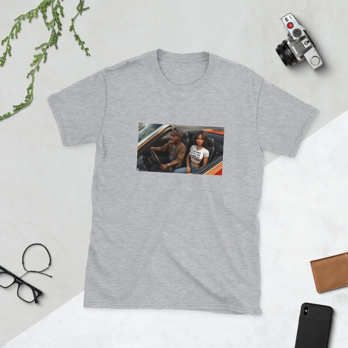 MIS Apparel graphic tee in heather gray with rectangular front photo print, crew neck
