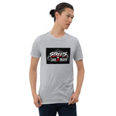 Unisex heather gray crewneck short-sleeve T-shirt with front rectangular Streets Jail or Death print