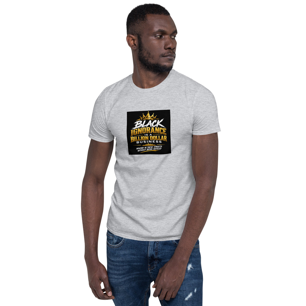 Unisex short-sleeve t-shirt, heather gray with black square front graphic print