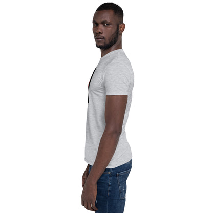 Heather gray unisex short-sleeve T-shirt, partial front graphic