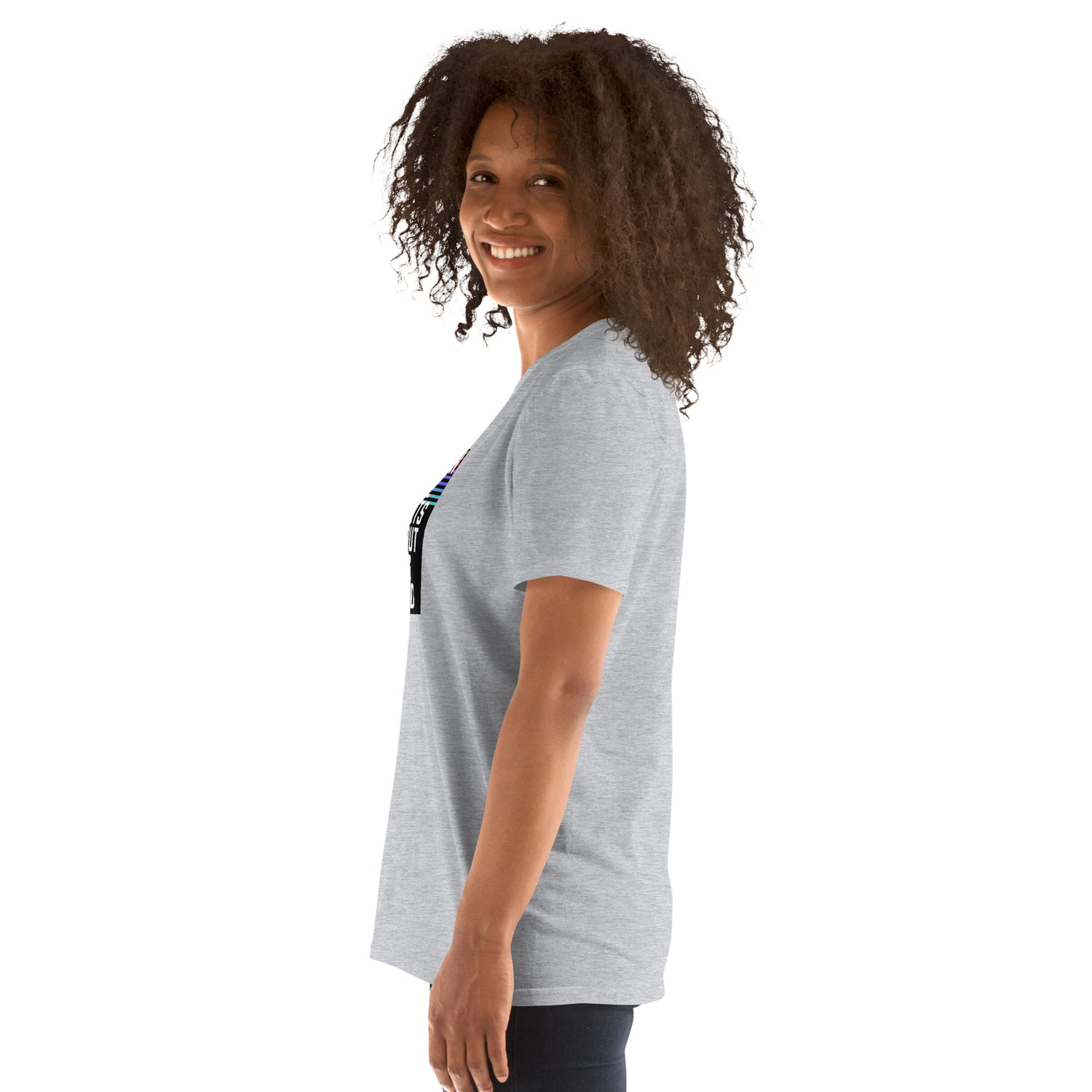 Unisex T-shirt gris chiné manches courtes, vue de côté avec bord du motif