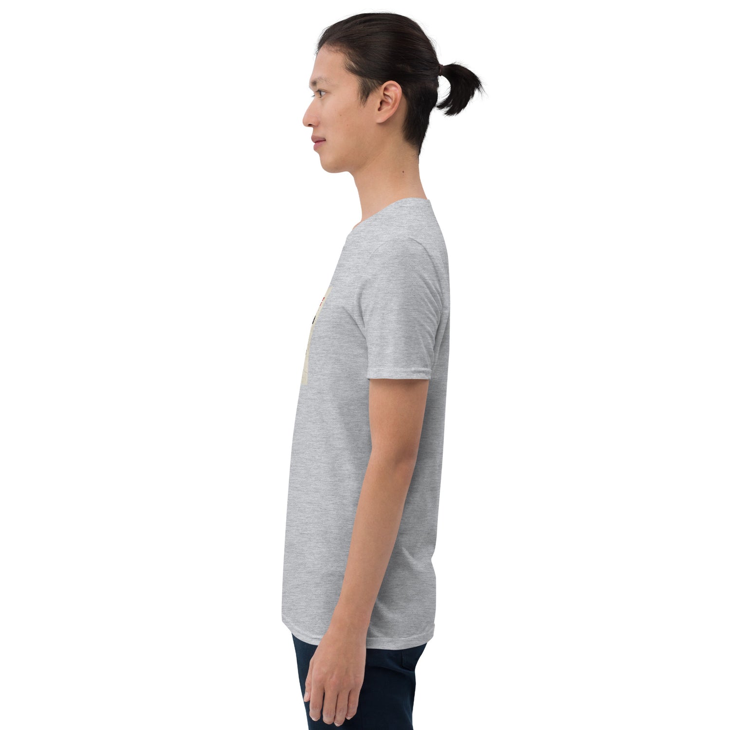 Heather gray T-shirt side profile, short sleeves and straight hem