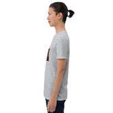 Heather gray unisex short-sleeve T-shirt, side view with partial sleeve graphic.