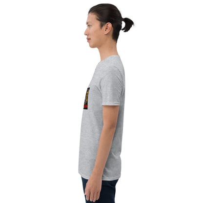 Heather gray unisex short-sleeve T-shirt, side view with partial sleeve graphic.