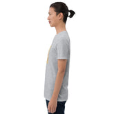 MIS Apparel heather gray crew-neck T-shirt, side profile with chest print edge