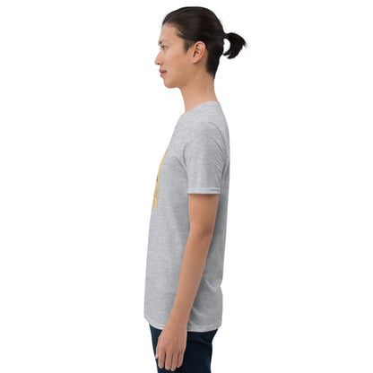 MIS Apparel heather gray crew-neck T-shirt, side profile with chest print edge