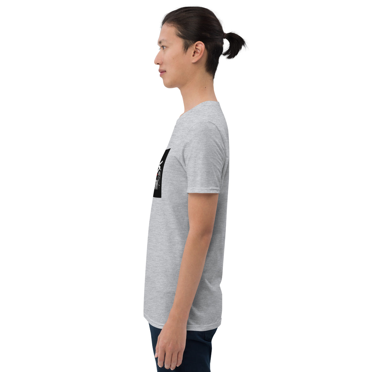 Unisex heather gray crewneck short-sleeve T-shirt, side view