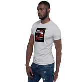 Unisex short-sleeve T-shirt in heather gray, side view with black front graphic