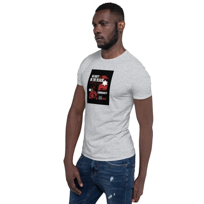 Unisex short-sleeve T-shirt, heather gray, front view with square graphic