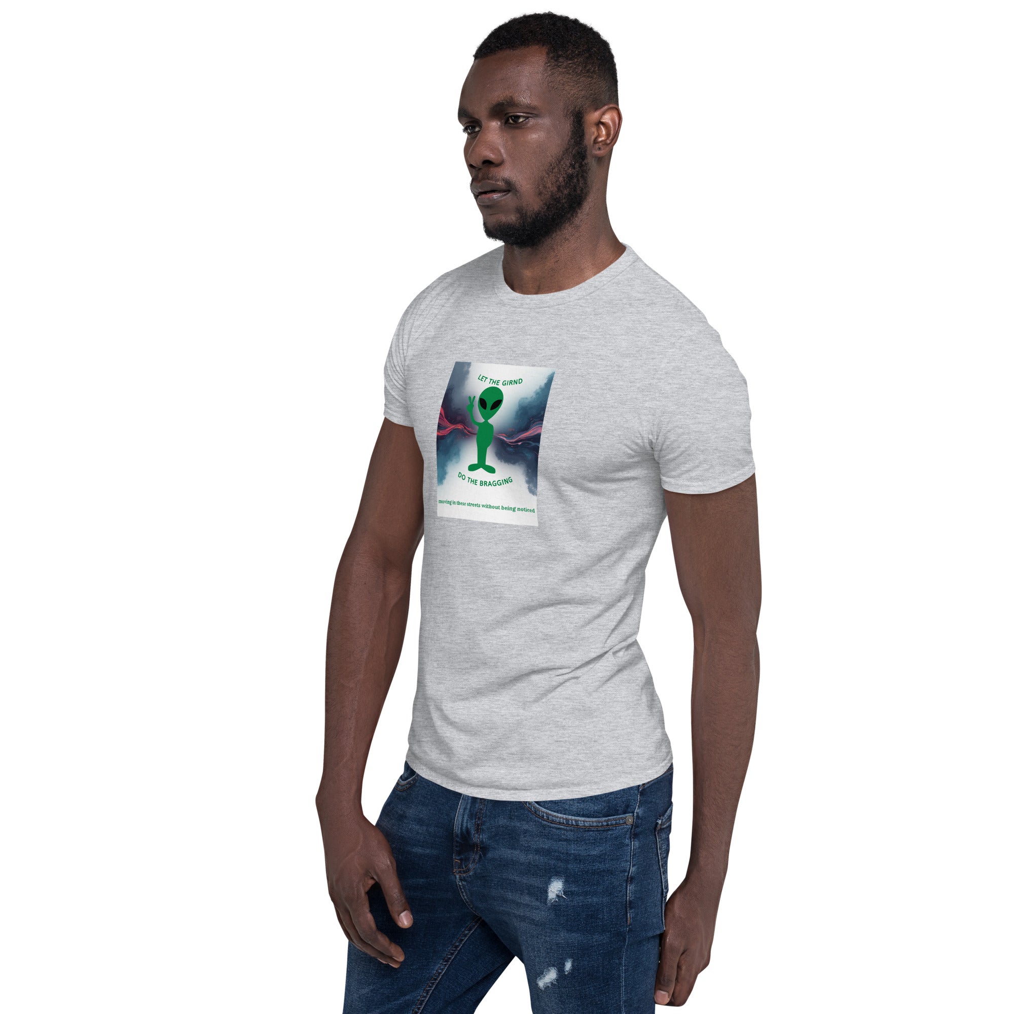 Let The Grind Do The Bragging T-Shirt, meliert grau, Seitenansicht mit Frontprint