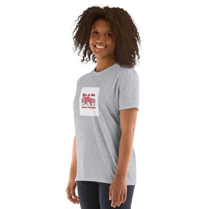 Sport Grey unisex short-sleeve T-shirt with square heart slogan print.
