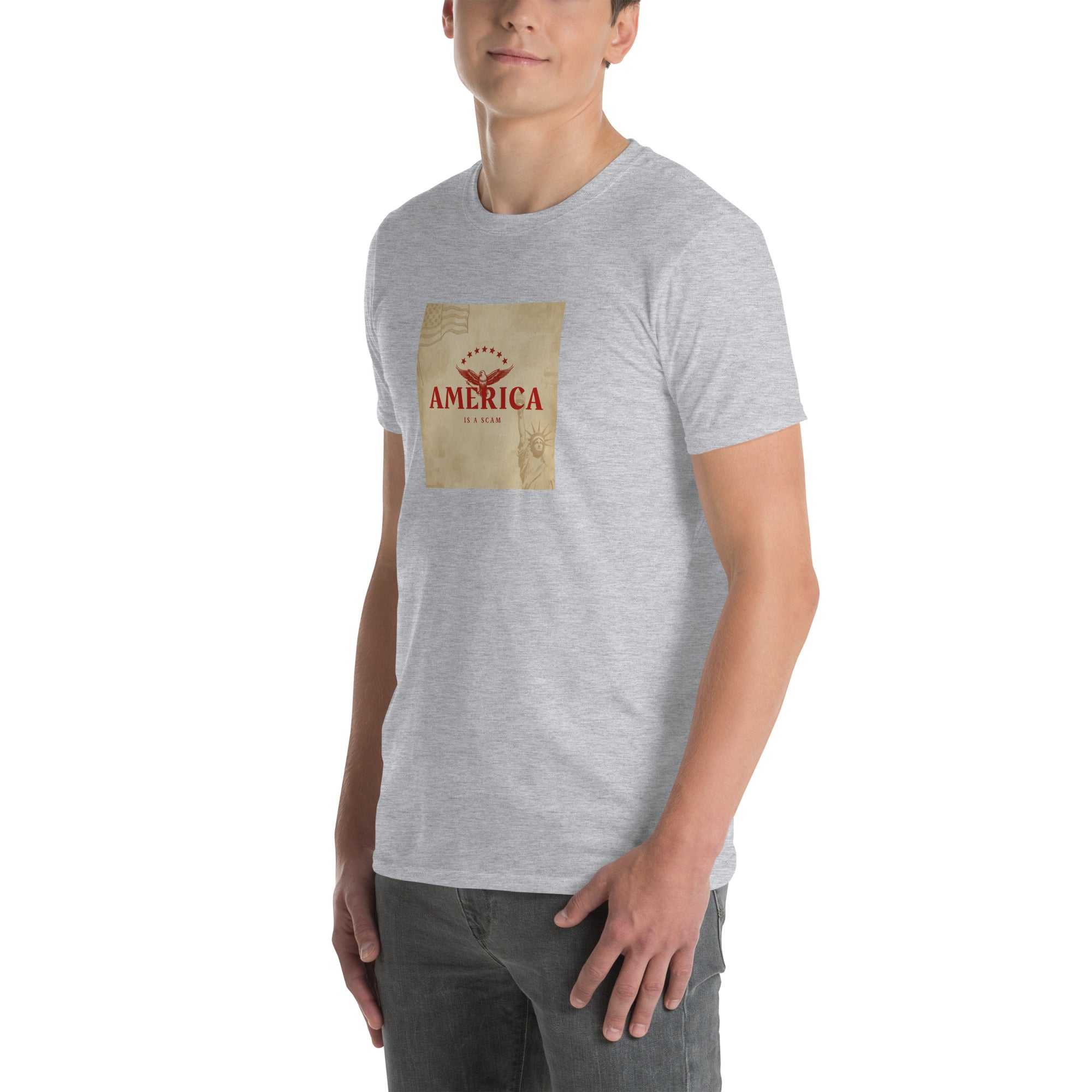 Heather grey unisex short-sleeve T-shirt, front view with square text graphic.