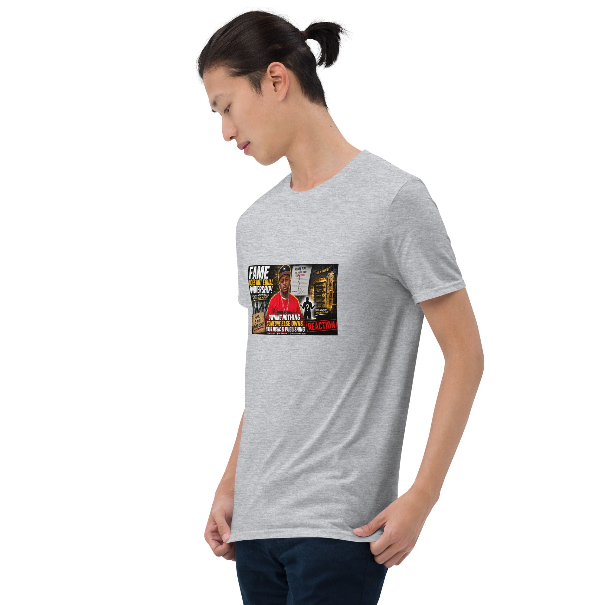 Heather gray unisex short-sleeve T-shirt with centered front graphic print.