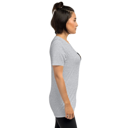 Heather grey unisex T-shirt, side view with curved hem and partial graphic