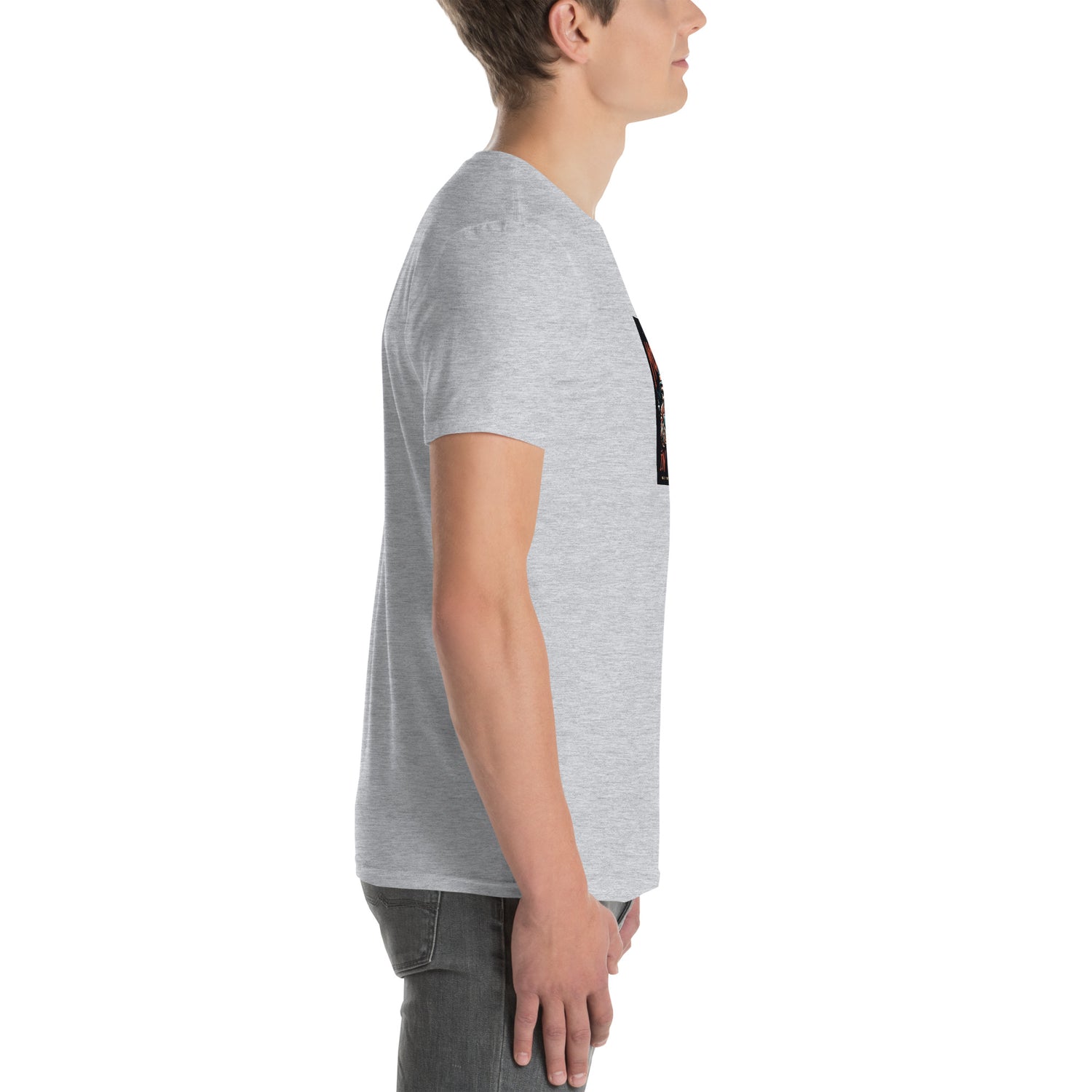 Unisex short-sleeve T-shirt, heather gray—side view with edge of chest graphic