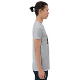Unisex short-sleeve t-shirt, heather gray, side view with small chest graphic print