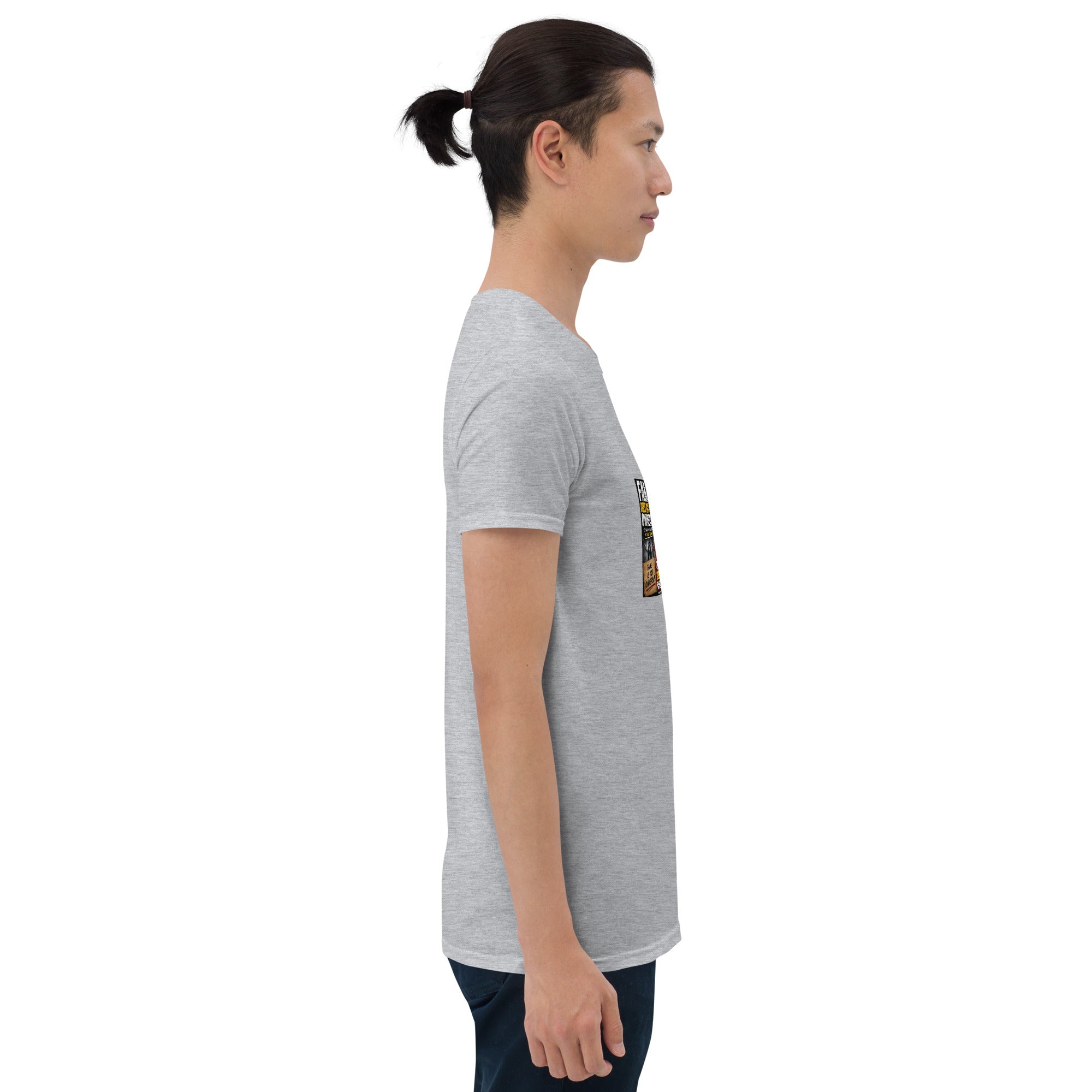 Unisex short-sleeve t-shirt, heather gray, side view with small chest graphic print