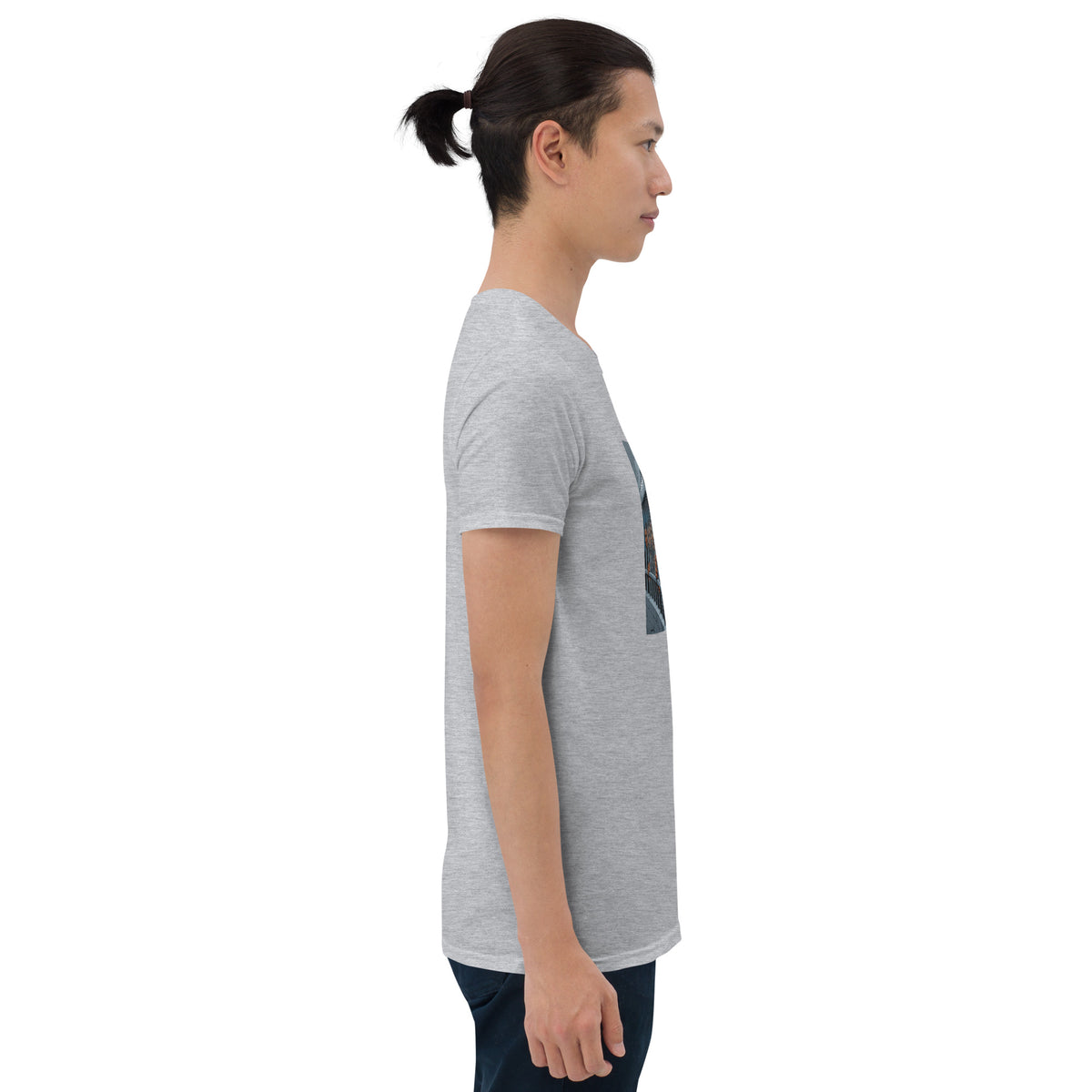 Heather gray graphic t-shirt side view showing short sleeves and front print edge