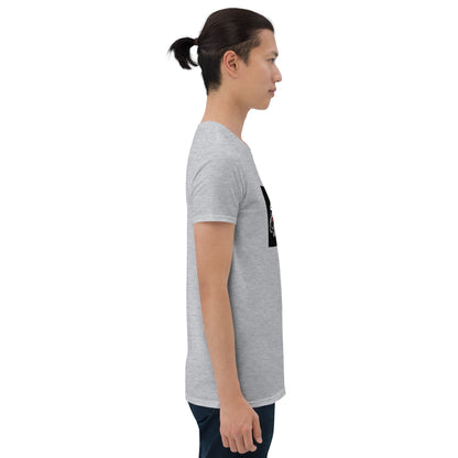 Heather gray unisex T-shirt with black front graphic in a rectangular print