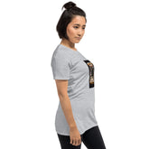 Unisex T-shirt in heather gray side view with square graphic on sleeve