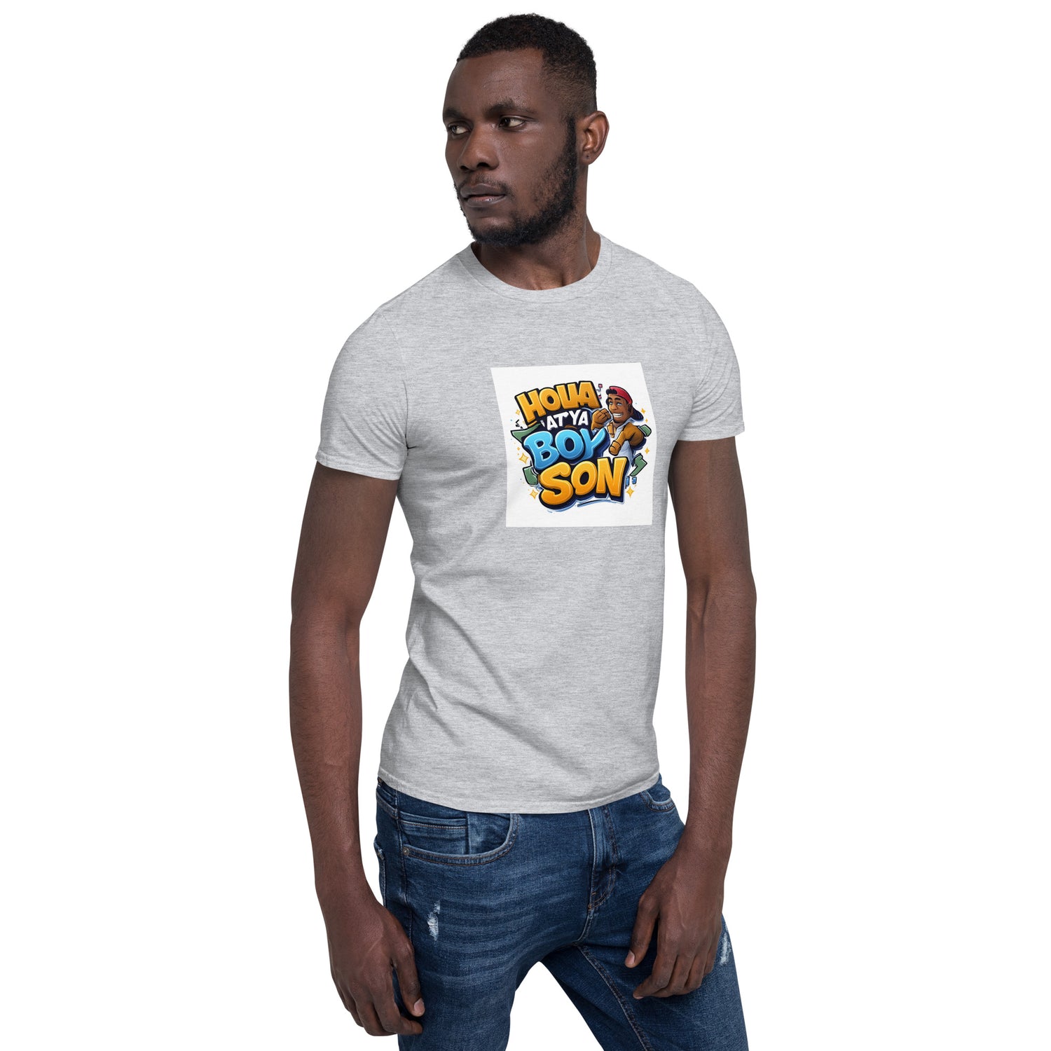 Holla At Ya Boy Son unisex T-shirt, heather grau, Frontansicht mit Motiv auf Brust
