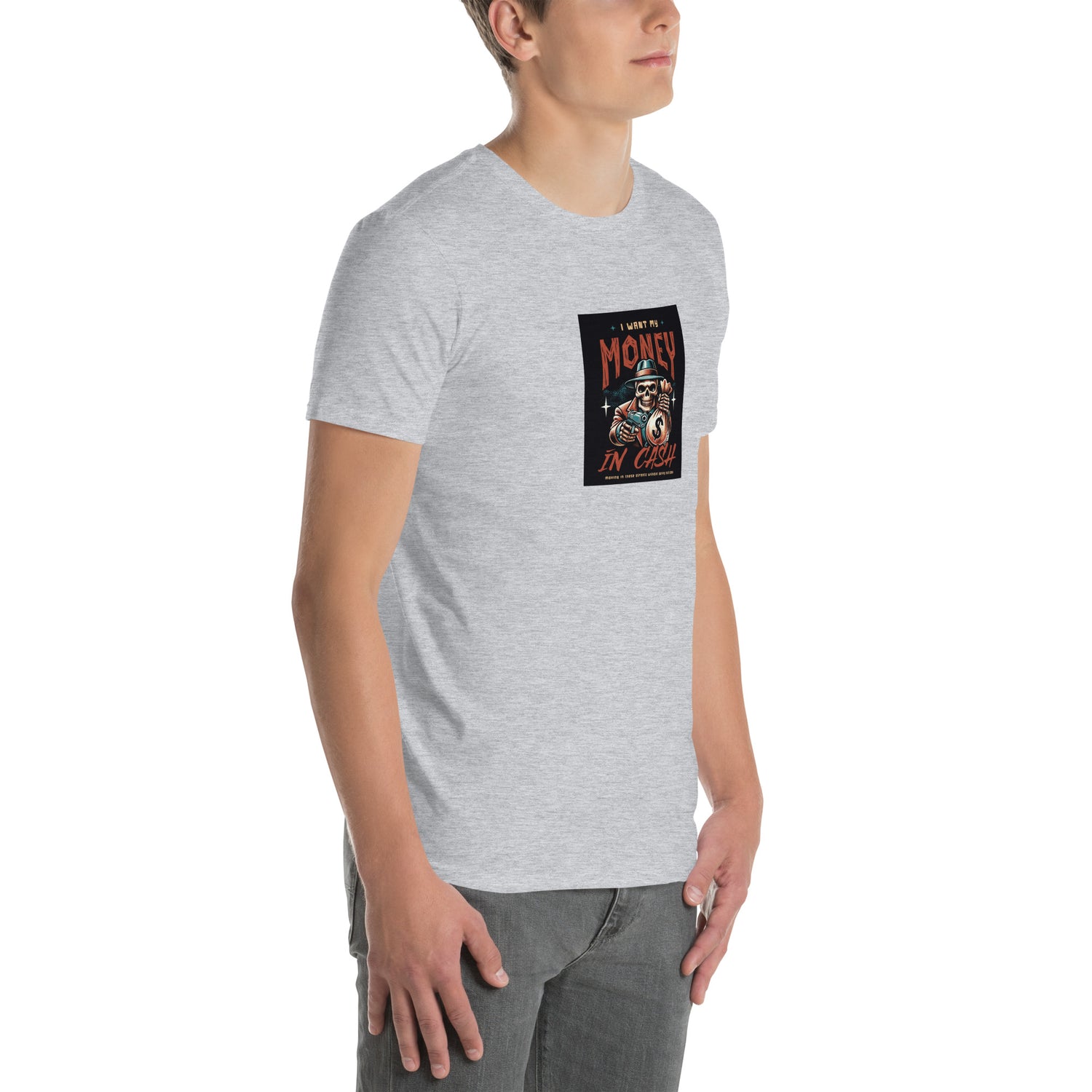 Sport Grey unisex T-shirt, front chest graphic with “Money in Cash” text