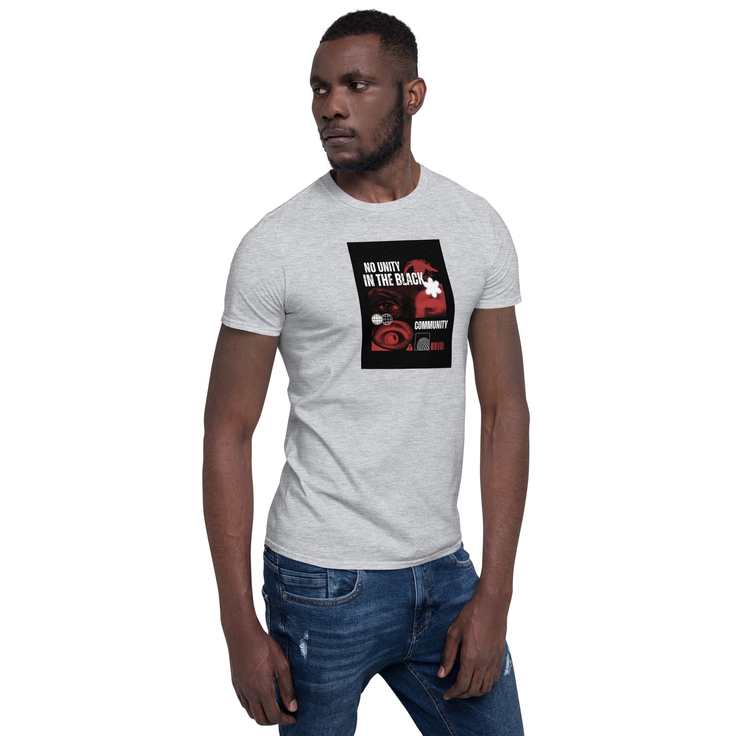 Unisex short-sleeve T-shirt in heather gray with black square chest graphic
