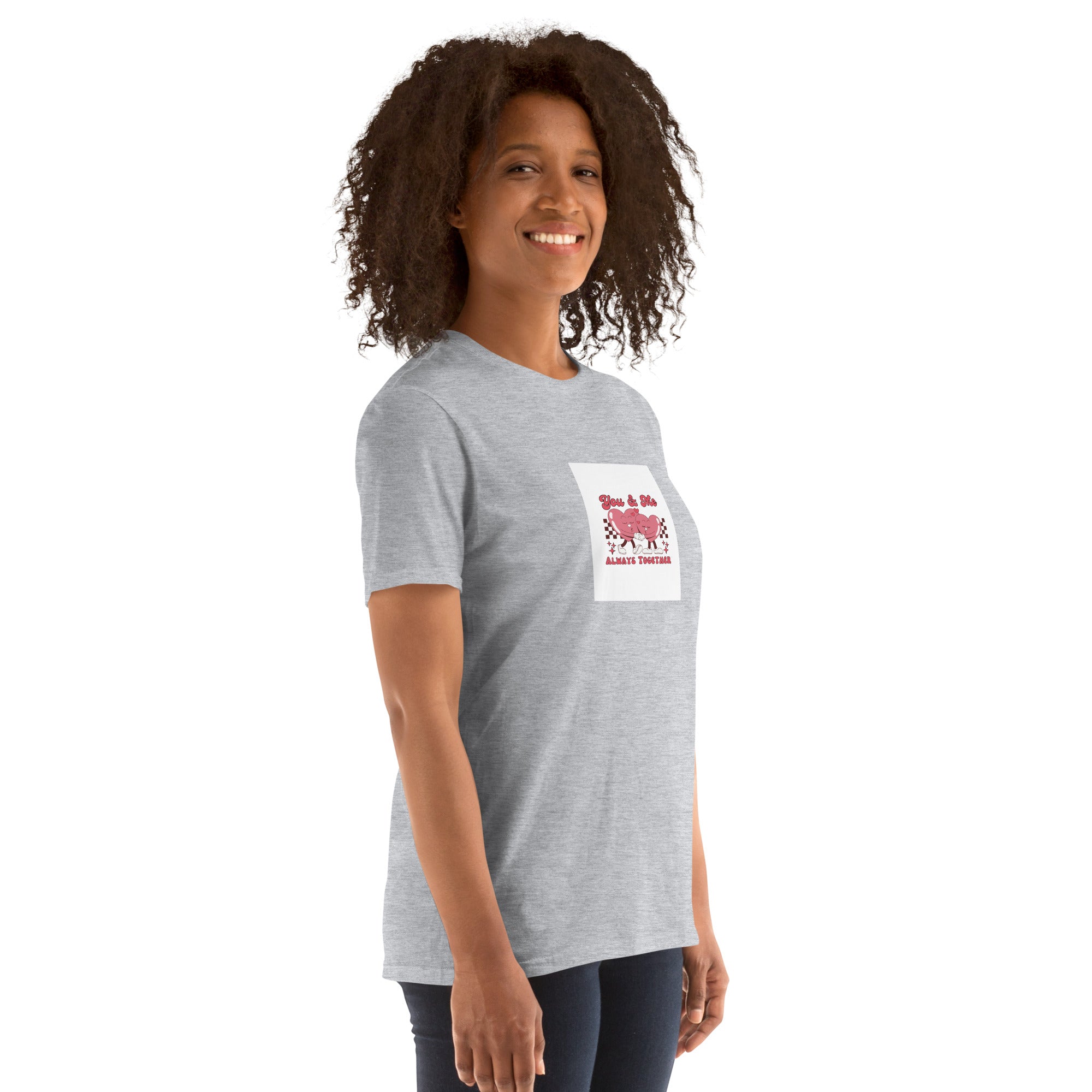 Heather grey unisex T-shirt with front graphic, short sleeves