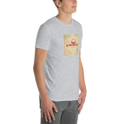 Heather grey unisex T-shirt with “America Is A Scam” graphic on chest.