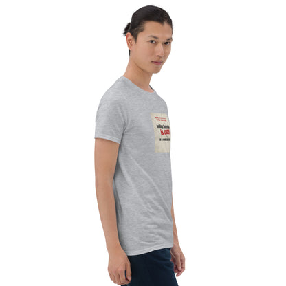 Heather grey T-shirt, front three-quarter view; square chest print with slogan.