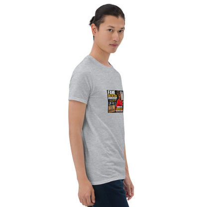Unisex short-sleeve t-shirt, heather gray, front view with colorful chest graphic print