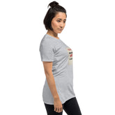 Heather gray unisex T-shirt side view with small sleeve text graphic
