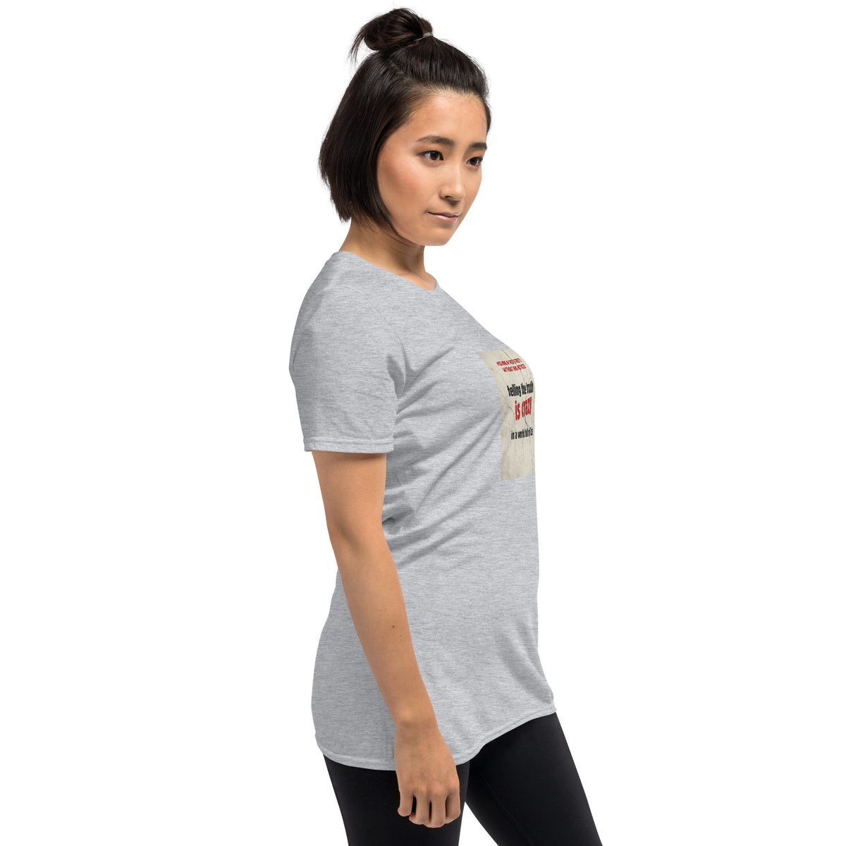 Heather gray unisex T-shirt side view with small sleeve text graphic