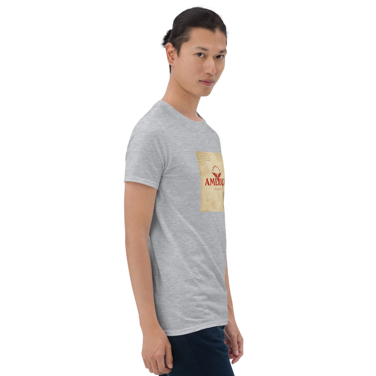 MIS Apparel heather gray crew-neck T-shirt, front view with square chest graphic