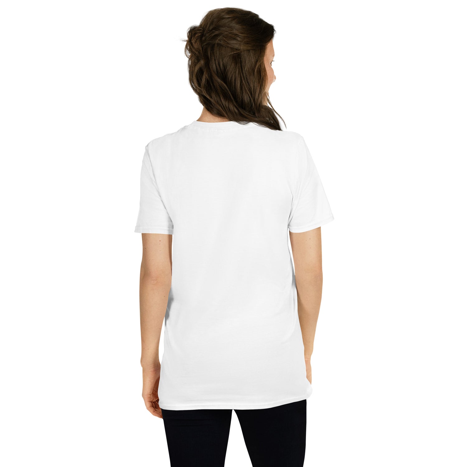 White unisex short-sleeve T-shirt, back view; plain back with crew neckline