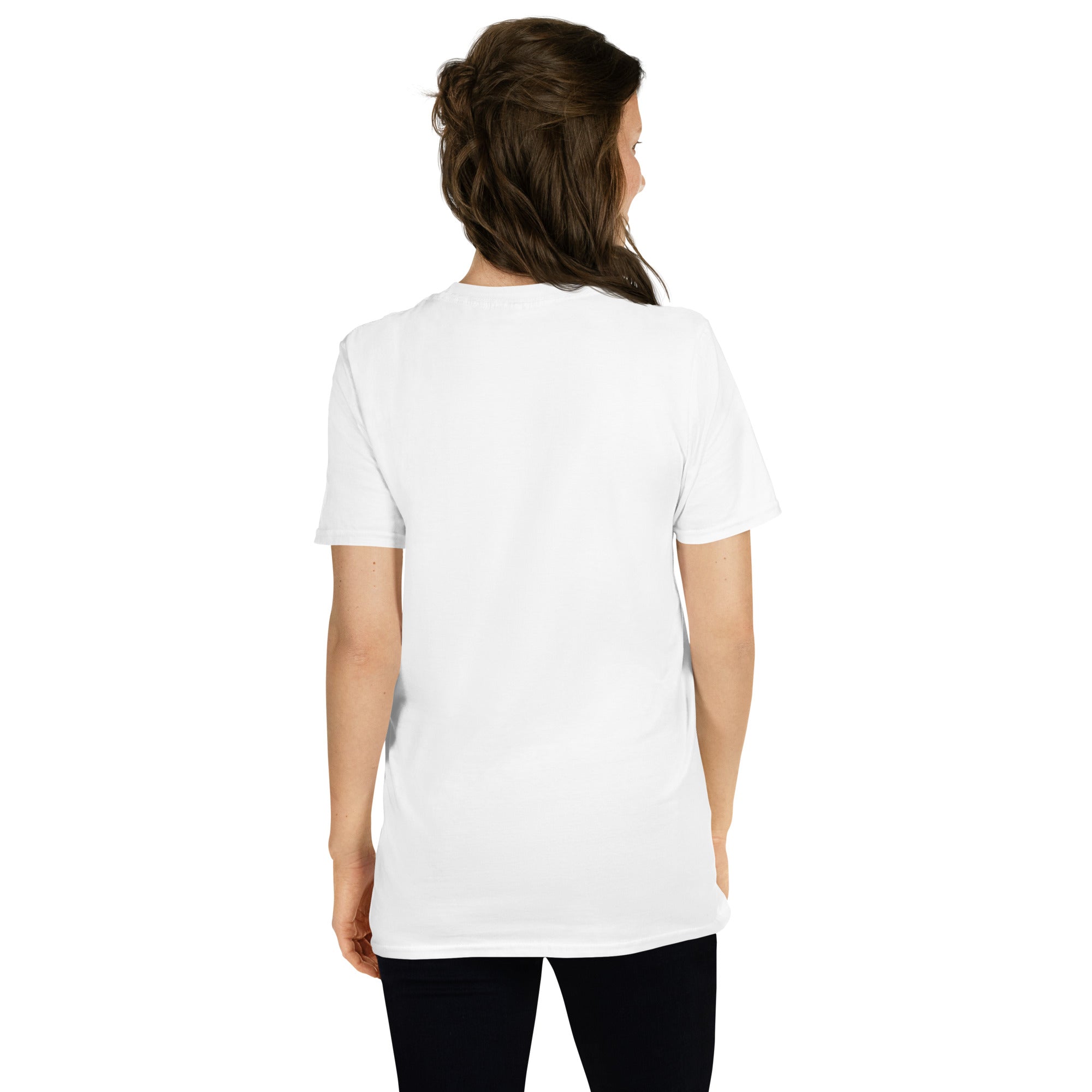 White unisex short-sleeve T-shirt, back view; plain back with crew neckline