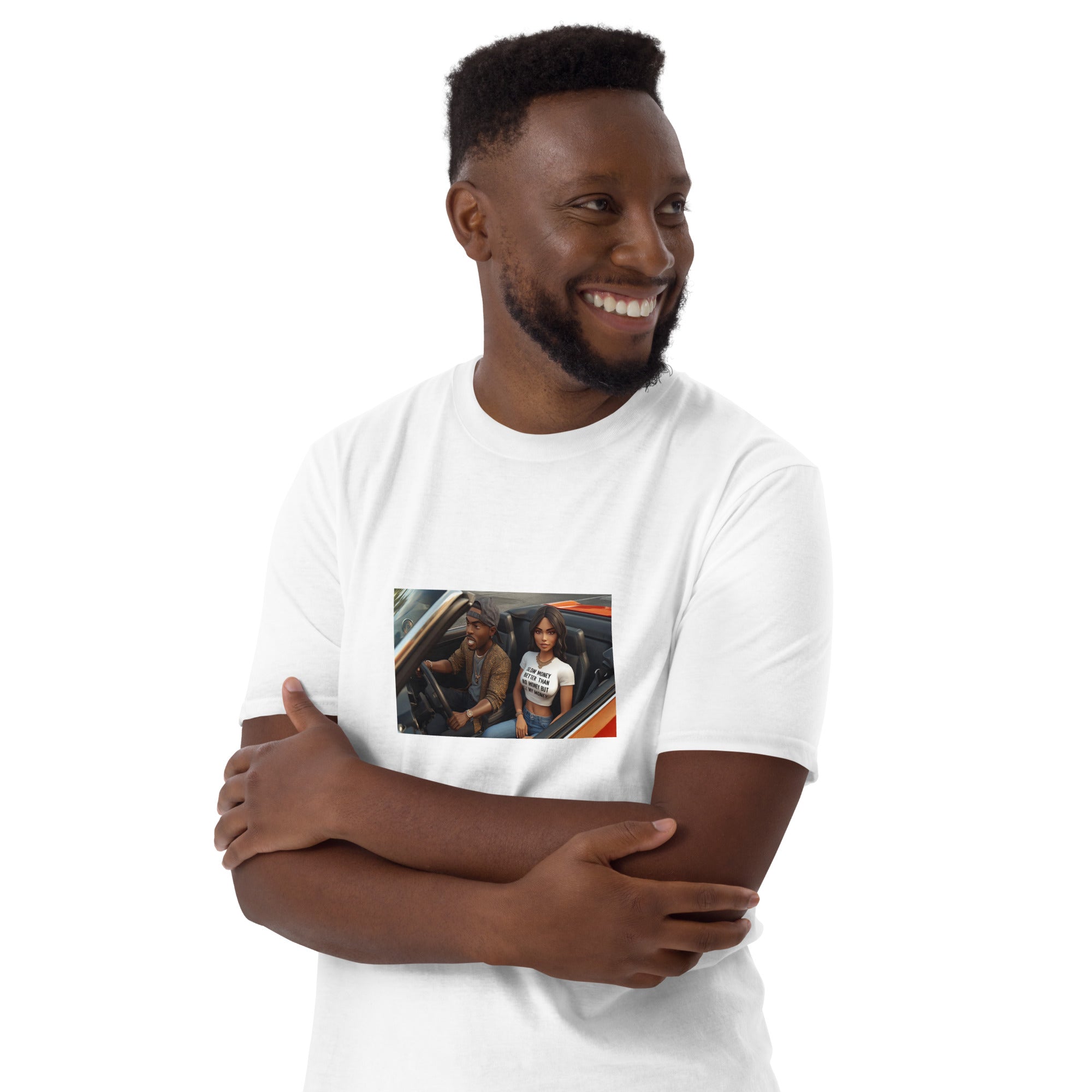 White unisex T-shirt with chest photo graphic, side front view