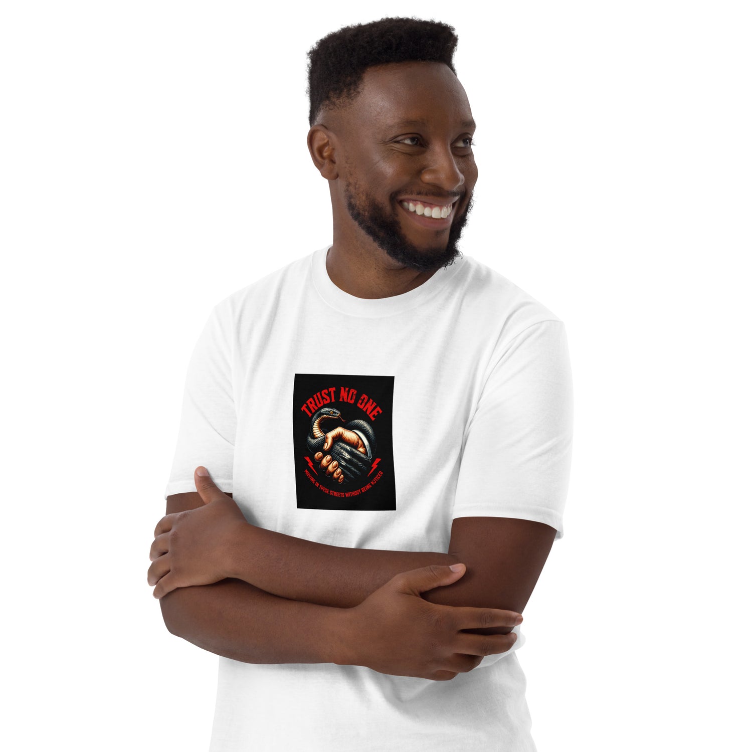 Trust No One short-sleeve unisex T-shirt in white, front print with arms crossed