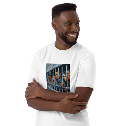 White unisex short-sleeve T-shirt, front graphic print and arm-cross pose