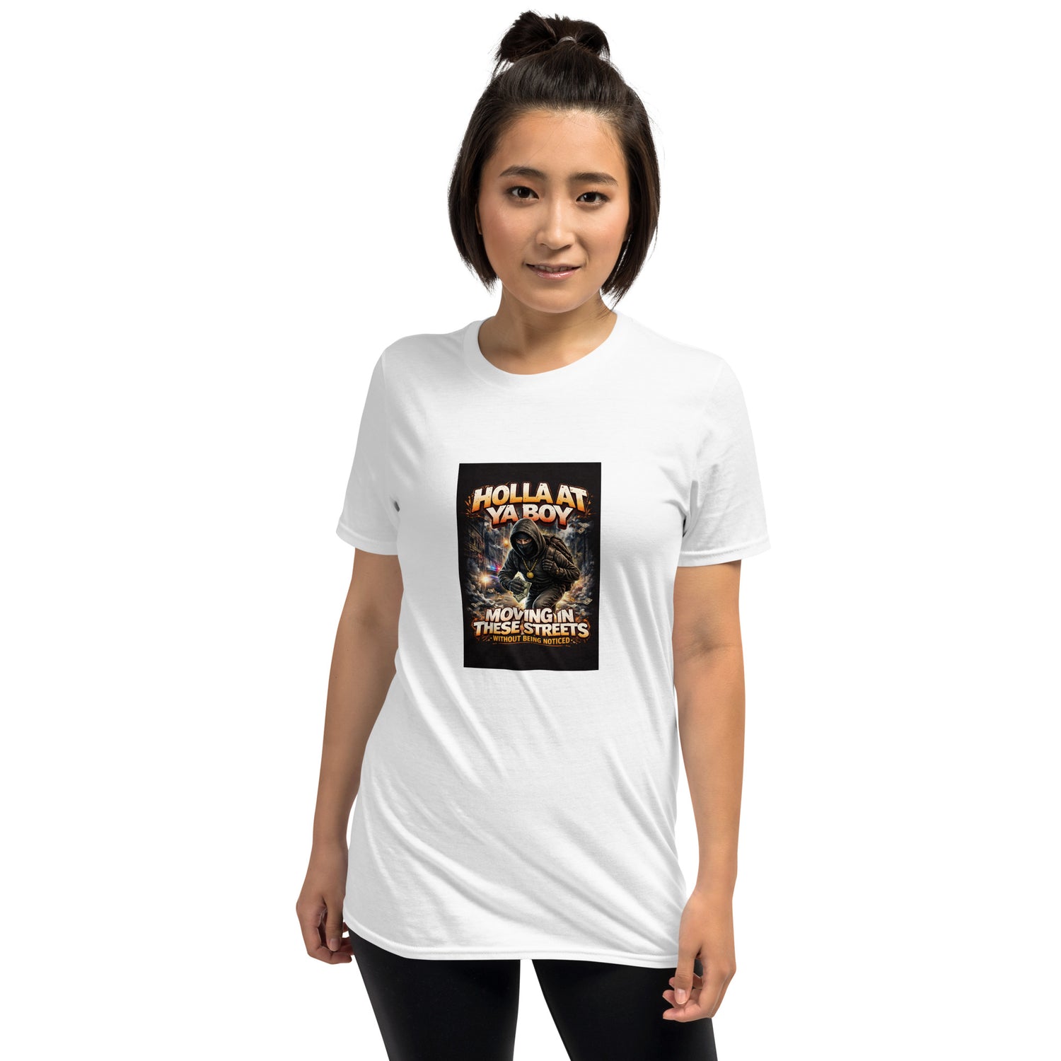 White unisex T-shirt with centered front square artwork graphic