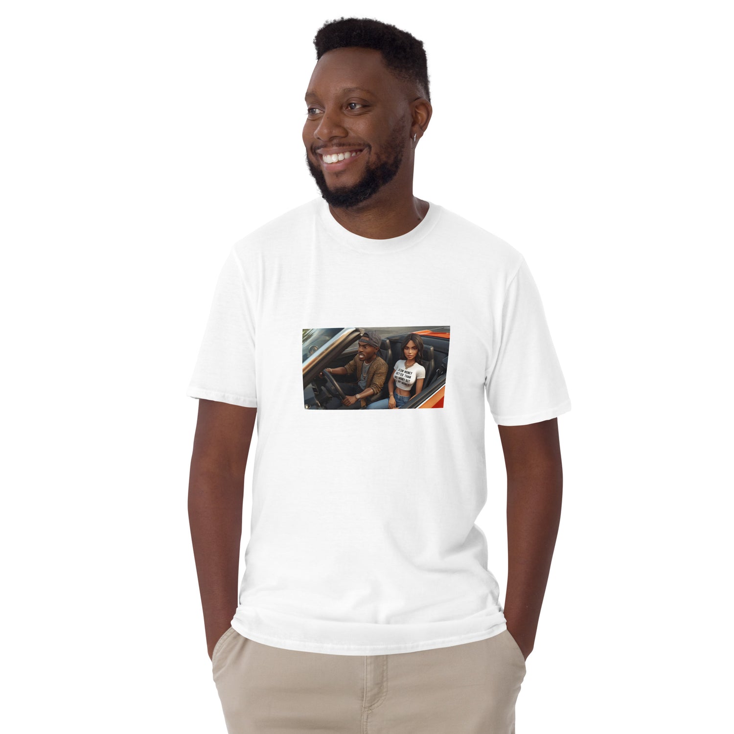 White unisex T-shirt with chest photo graphic, front view