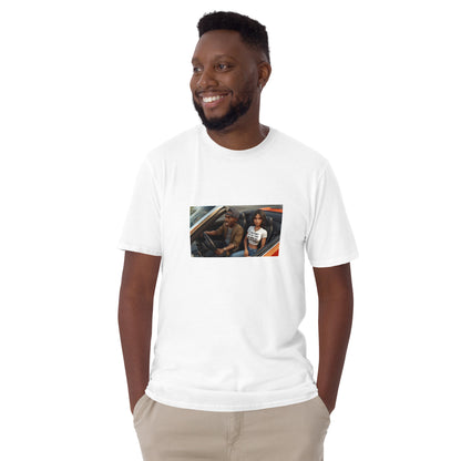 White unisex T-shirt with chest photo graphic, front view