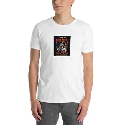 White unisex T-shirt front view; square “MONEY IN CASH” design at chest