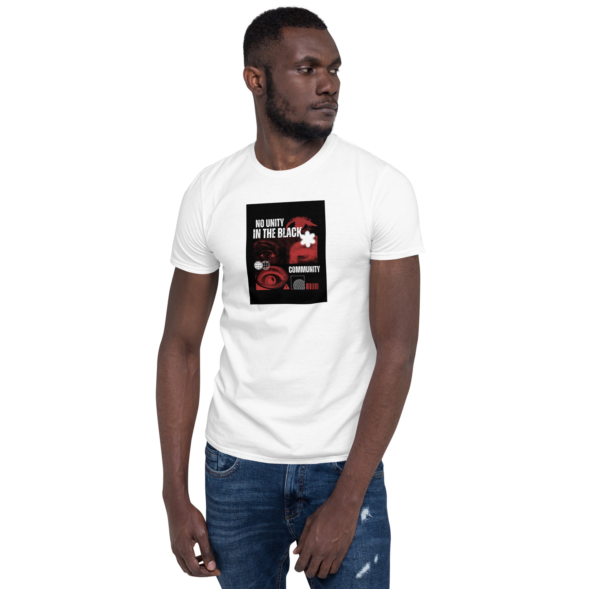 White unisex crew-neck T-shirt with centered front graphic print
