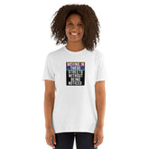 Unisex short-sleeve white t-shirt with centered front graphic slogan