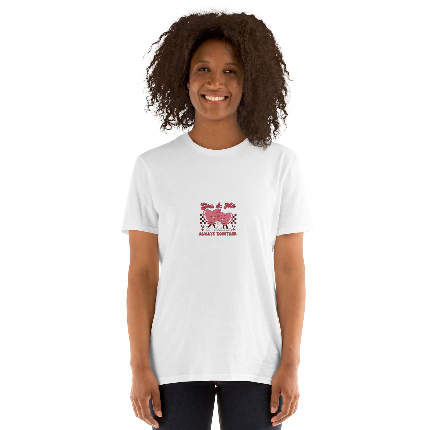 White unisex T-shirt, front view showing heart graphic and matching text