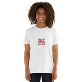 White unisex T-shirt, front view showing heart graphic and matching text