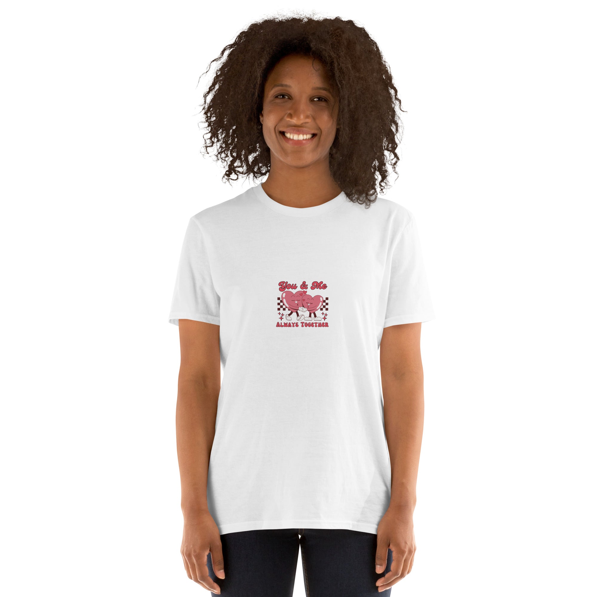 White unisex T-shirt, front view showing heart graphic and matching text